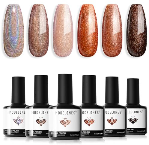 Modelones UV Nagellack 6 Farben Glitzer Silber Nude Braun Gel Nagellack UV Nageldesign Sets Soak Off Gel Polish für Maniküre Nageldesign Herbst