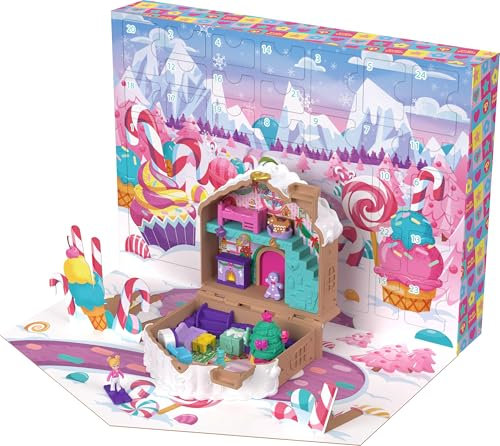 Polly Pocket Adventskalender mit Polly Pocket Puppe, Lebkuchenhaus-Spielset zum Selbermachen mit 24 Überraschungen, Puppenhausmöbeln und Weihnachtszubehör, JFV13