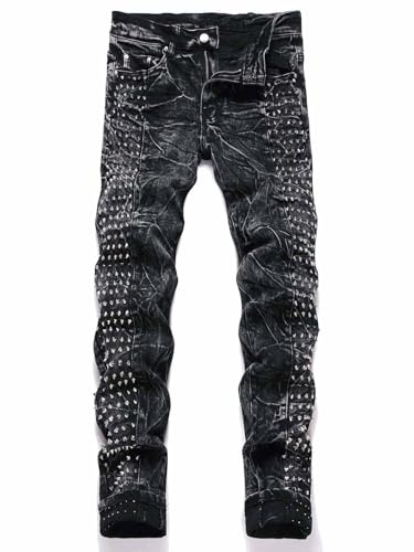 Idopy Studded Vintage Punk Gothic Men`s Jeans with Rivet