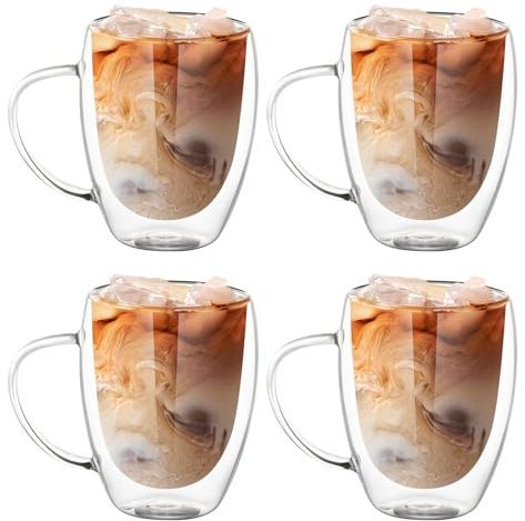 Nicphyn Tazas de Cafe Transparente, 4 Piezas Vasos Doble Pared Cristal con Asa para Té Helado, Leche, Latte, Macchiato, Bebidas Calientes (350ML)