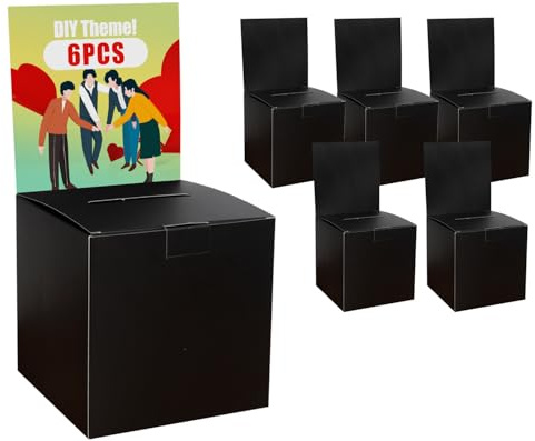 Uniclife 6 Pack Ballot Box with Slot 6 x 6 x 6 Suggestion Box Raffle Boxes Donation Boxes for Fundraising Black Cardboard Boxes with Removable Header for Business Voting Collecting Card Charity