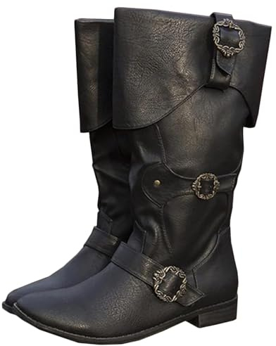 JiaWell Botas de Caballero Medieval for Cosplay de Adultos - Botas vikingas Retro de caña Larga de Cuero - Botas de Cuero sintético renacentistas de Talla Grande con Hebilla de cinturón(47 EU)