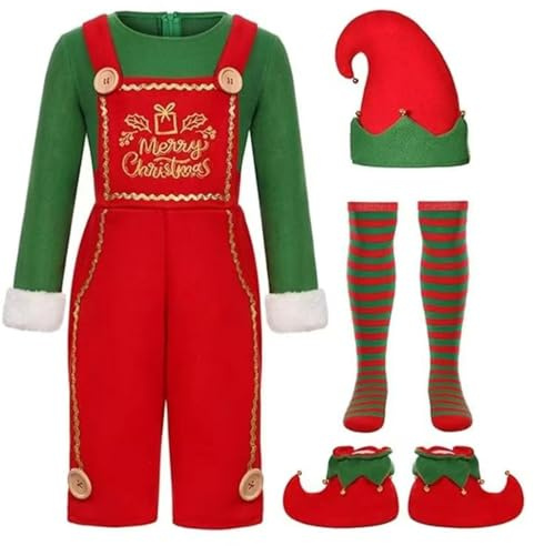 Bkazwe Costume Lutin Noël Homme 4 PCS, Déguisement Lutin pour Homme Elfe de Noël, Combinaison Adulte de Noëls en Polaire + Chaussettes + Chapeau + Chaussures, Tenue Christmas Spectacle Cosplay