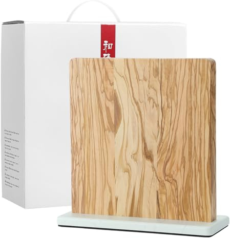 HEZHEN Ceppo Portacoltelli Magnetico a Doppia Faccia, Blocco Coltelli da Cucina in Legno di Ulivo, Ceppo Coltelli Organizzatore, Base Antiscivolo di Marmo