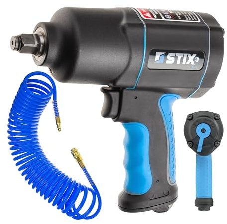 Stix STT-17 Clé à chocs pneumatique 1700 Nm 1/2 avec double marteau et tuyau spiralé en polyuréthane 12 x 8 mm 10 m pour applications flexibles d'air comprimé