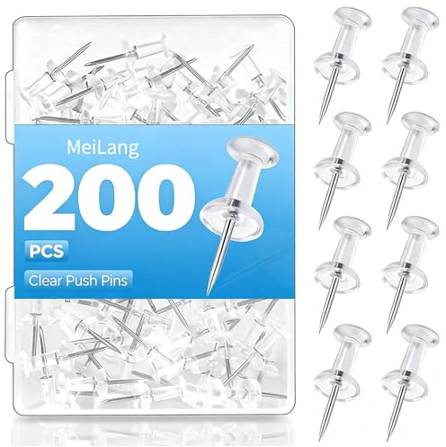 200 Pcs Clear Push Pins, Thumb Tacks Drawing Pins | transparent plastic heads for Notice Board Map School Office Home Pins with Storage Box