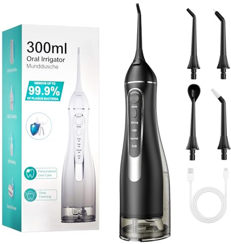 Munddusche Kabellos, Tragbar Elektrische Zahndusche 4 Modi & 4 Düsen, 300ML Oral Irrigator Munddusche Testsieger für Entfernt Speisereste und Reinigt Die Zähne, IPX7 Wasserdicht