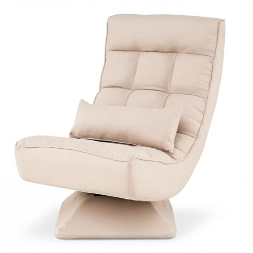 RELAX4LIFE Folding Sofa Chair, 360 Degree Swivel Lazy Floor Chair with 4-Position Adjustable Backrest and Lumbar Pillow, High Back Padded Reading Gaming Lounge Recliner for Living Room Bedroom (Beige)