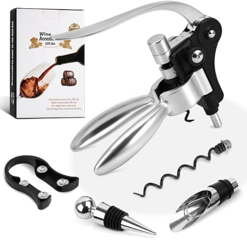 Mapille Abridor de Vino Set 5 Piezas, Sacacorchos Manual con Palanca y Vertedor, Tapón, Cortacápsulas y Espiral de Repuesto, Accesorios para Vino
