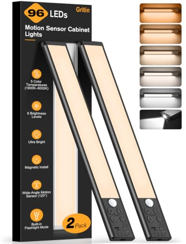 Gritin 2026 Gen 2 Under Cabinet Kitchen Lights Rechargeable with Torch Mode | 5 Colors& 6 Brightness,Super Bright,4 Modes,Motion Sensor,Long Lasting-Easy Installation Magnetic Closet Light- 32.3CM/Black