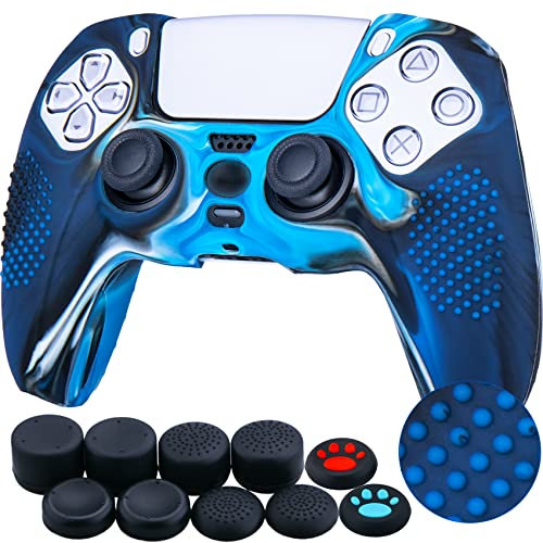 YoRHa Studded Silikon Hülle Abdeckungs Haut Kasten für PS5 Controller x 1 (Tarnung Blau) Mit Pro aufsätze Thumb Grips x 8