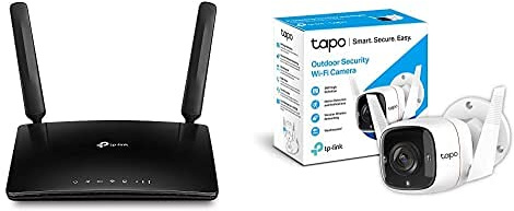 TP-Link Archer MR600 Router 4G + Advanced LTE CAT6, Wi-Fi AC1200 5GHz & 2.4GHz + TAPO Camara Vigilancia WiFi Exterior, 3MP Alta Resolución, IP66 a Prueba de Agua y Polvo, hasta 30m Visión Nocturna