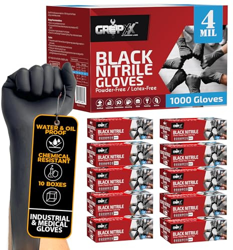 London Labs Black Nitrile Gloves Disposable Latex Free & Powder Free,4 Mil Rubber Glove, Cleaning, Cooking, Mechanic, Tattoo (1000 Count, Large)