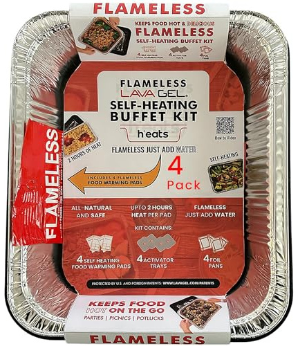 Lava Gel Self-Heating Buffet Kit – Flameless Food Warmer Set for Parties – Includes 4 Trays, 4 Half-Size Heat Pads & Foil Pans – Keeps Hot Food Hot for up to 3 Hours – Gel Fuel Can Alternative