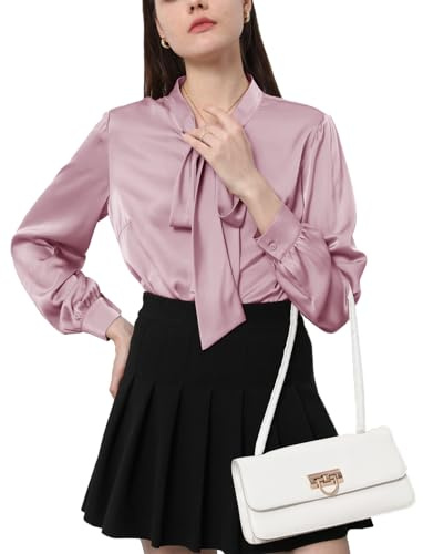 Tapata Camisa de Mujer Camisa de Seda Satén Camisa Cuello de Lazo para Llevar Chaquetas de Trabajo de Plumón de Botón Vestido de Manga Larga Blusa de Negocios Elegante,Rosa Oscuro,Large