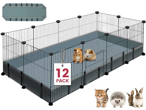 VISCOO Corralito para Animales pequeños de 12 Paneles, corralito para Mascotas con tapete Impermeable, Jaula C & C para cobayas, Corral de Juego para Cachorros, Corral de Conejo, Valla de Alambre de