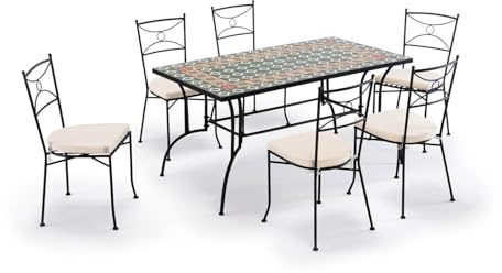 Gruppo Maruccia - Tavolo e Sedie da Giardino con Mosaico Artigianale in Ceramica - 1 Tavolo Rettangolare - 6 Sedie con Cuscini
