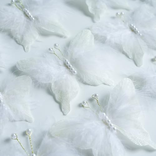 12 PCS White Feather 3D Butterfly Wall Stickers, Glitter Butterflies Decor for Flower Bouquet Nursery Wedding Cake Baby Shower Birtyday Party Decorations DIY Crafts, Butterfly Hair Clips