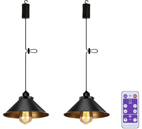EcoGehen 2x Retro Hängeleuchte mit Batterie Fernbedienung Schwarz Regenschirm Batteriebetriebene Deckenlampe ohne Strom Dekorative Lampenschirm für Schlafzimmer Wohnzimmer Weihnachten Deko