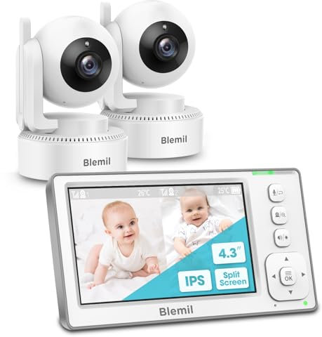 Blemil Aktualisierte Version Babyphone, 4.3'' IPS Split-Screen-Monitor mit 29-Stunden-Akku, Schwenk-Neige-Zoom Video-Babyphone mit 2-Kameras und Audio, 2X Zoom, Kein WLAN