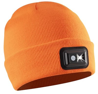 POWERCAP LED Hat Light 150 Lumens Rechargeable Fleece Beanie with Bright Built-in Headlamp Waterproof LED Warm One Size Cap (US, Alpha, One Size, Blaze Orange Knit)