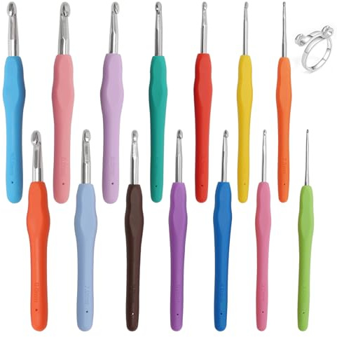 14 Pcs Crochet Hooks, Aluminum Knitting Needles Kit, Colorful Ergonomic Rubber Soft Grip Handle for Beginners Adults with Metal Open Yarn Guide Crochet Rings