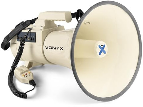 Vonyx MEG150 - Akku Megafon mit Sirene und Mikrofon, Bluetooth, Aufnahmefunktion, Proffesionelles 150W Megaphon mit Mikrofon, bis 2000 Meter, USB, SD, MP3 & AUX, Megaphon mit Umhänge-Gurt, Beige