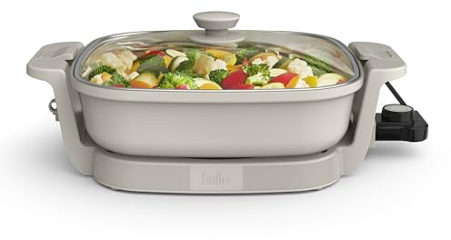 bella Make & Take Electric Skillet, Fits-anywhere™ kitchenware, EverGood™ Ceramic Coating, Adjustable Temperature & Dishwasher-Safe Tempered Glass Lid, Cast Aluminum Base, 1200 Watt, Oatmilk