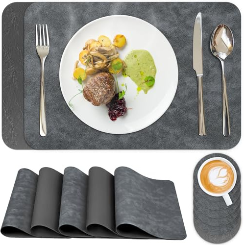 Homwiz Tischset Abwaschbar 6er Set, Doppelseitigen Tischsets Platzsets Abwaschbar, Platzdeckchen mit Untersetzer, Tischset Leder Optik, Platzset Leder Optik, Tischuntersetzer (Spacegrau+Dunkelgrau)