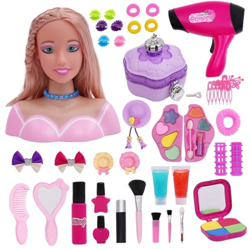 40PCS Styling Head Doll for Kids with Hair Dryer Accessories, Kids Hairdressing Set Deluxe Makeup Pretend Playset Styling Head Doll Hairstyle Toy