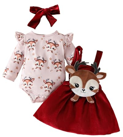 Generico Vestiti di Natale per Neonata Tutina a Maniche Lunghe con Bretelle e Gonna Set Vestito per Neonata