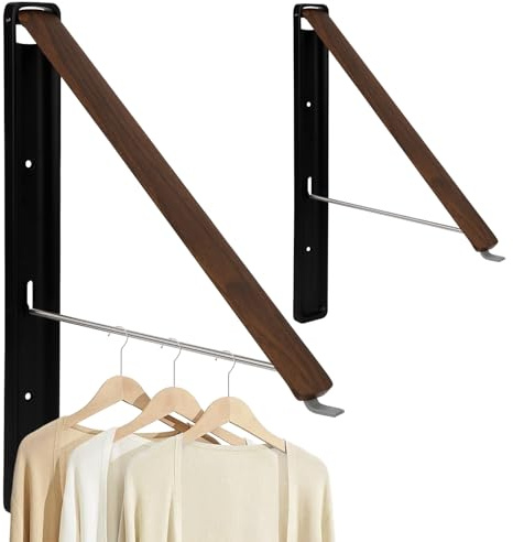 2 Piezas Percha Plegable de Aleación de Aluminio, Ganchos de Abrigo Plegable Perchero de Pared, Barra Ropa Pared Colgador Color Nogal Antiguo Ahorra Espacio para Lavandería, Dormitorio, Baño, Oficina