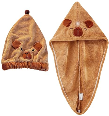 ZXTGBQ 2 Pezzi Asciugamano per Capelli Turbante, con Chiusura a Bottone, per Donne, Adulti o Bambini, Ragazze (Marrone)