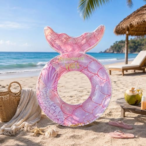 Uppblåsbar sjöjungfru simring, ZoneYan simring för vuxna, simring med sjöjungfrusvans och paljetter, flytande gummiring för pool och strand
