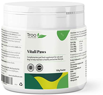 Troo Health Care Vitali-Paws Pet Joint Support Supplement Powder for Cats and Dogs 150g | Chicken Flavour | Glucosamine | Green Lipped Mussel | Chondroitin | MSM | Turmeric Curcumin | UK Manufactured