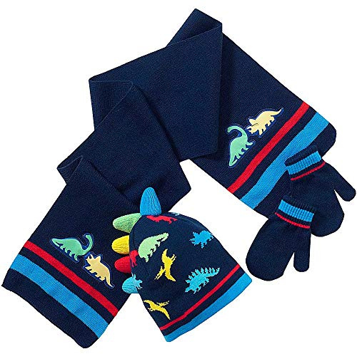Boys Girls Knitted Dinosaur Unicorn Pattern Winter Hat Scarf Mitts Set UK Seller - Navy Dinosaur - 2-6 Years