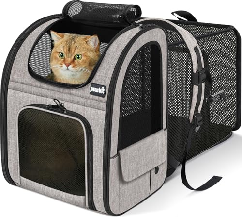 Pecute Sac Transport Chat Petit Chien Extensible, Sac a Dos Chat Respirant, Sac de Transport pour Chat avec Matelas en Peluche Amovible, Portable Sac Chat Transport pour Voyage, Achats,Kaki