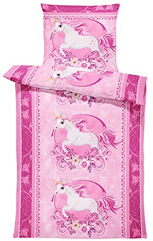Kinderbettwäsche 135x200 cm Einhorn Unicorn Pferde rosa pink Blumen Microfaser