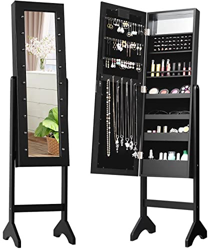 COSTWAY Jewelry Armoire with 18 LED Lights, Standing Jewelry Organizer with Full-length Mirror & Built-In Mirror, Large Capacity Jewelry Cabinet for Bedroom, Dressing Room (Black)