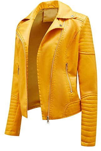Giubbotto Biker Donna Ecopelle Finta Pelle Sintetica Curvy Primavera Giallo L
