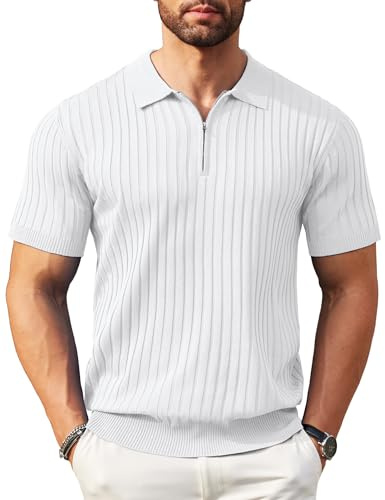 Coofandy Polo à Manches Courtes avec Fermeture éclair pour Homme, en Tricot côtelé Tendance et décontracté, Blanc, Taille S