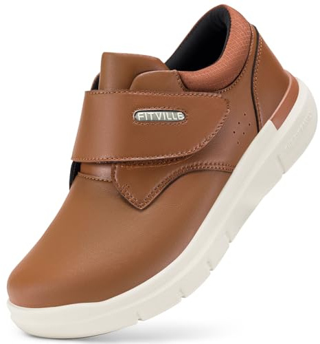 FitVille Diabetic Shoes for Men Extra Wide Comfortable Leather Walking Shoes Hook & Loop Orthopedic Dress Sneakers for Edema and Swollen Feet (Wide 9.5, Marmalade)