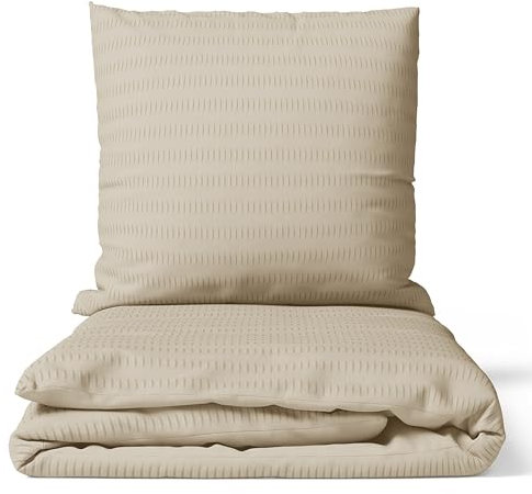 Seersucker Bettwäsche Wendeoptik Bettwäsche Bettgarnitur Bettbezug Microfaser, Größe:135 x 200 cm, Farbe :Beige