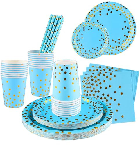 Partygeschirr,Shodiffy 125 Stück Pappteller Set, Papier Geschirr Set Partyzubehör Einschließlich Teller Becher Servietten Stroh Wiederverwendbar für 25 Gäste
