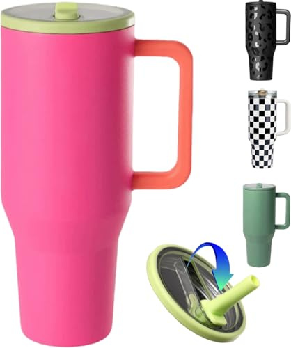 ZHUIYIWIN Mugg med sugrör och handtag, vattenflaska, kaffekopp, resemugg för kalla eller varma drycker, isolerad dubbelväggig mugg i rostfritt stål (korall/890)