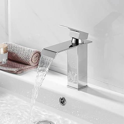 XWIHTR Grifo cascada para baño, grifo de lavabo de una manija, ahorro de agua, grifo de lavabo, boca caliente y fría, grifo de baño de latón de acero inoxidable (cromo)