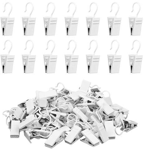 Manysky Curtain Clips Hooks, 100 Pack Stainless Iron Drapery Hooks Clips for Hanging Party String Lights Christmas Courtyards Decoration, Art Craft Display, Gutter Tent Camper Awning Hangers, White