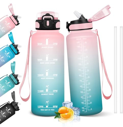 HoneyHolly Gourde, 1.5L Bouteille, Gourde Sport avec Paille, Gourde Motivation avec Marqueur de Temps, Bouteille d'eau, Étanche, Bouteille d'eau pour Randonnée, Camping, Fitness, Cyclisme