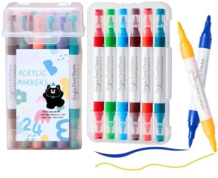 Mitoymia 24 Colors Dual Tip Acrylic Paint Markers Pens,Non-Toxic, odorless, Suitable for Paper, Pottery, Stones, Backpacks, Glass, Eggs, Fabrics, Plastics