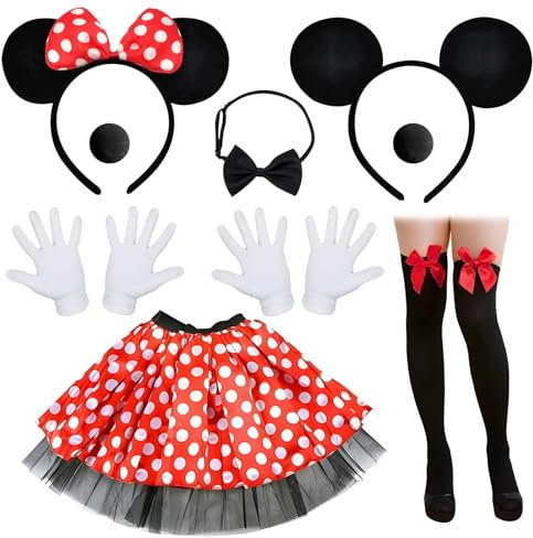 Mouse Karneval Kostüme Damen Set Erwachsene Faschingskostüme Mit 2 Maus Ohren+2 Nase+2 Paar Handschuhe+Tutu Tüllrock+Fliege Schleife+Strümpfe Für Cosplay Fasching Mottoparty Karneval Halloween